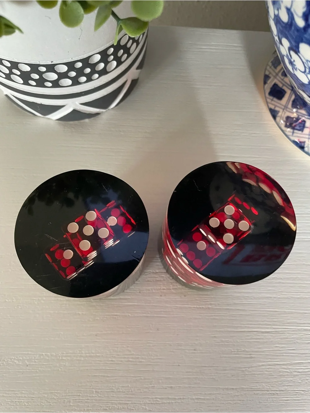 Vintage red and black casino dice Lucite/acrylic cylinder paperweight  set of 2